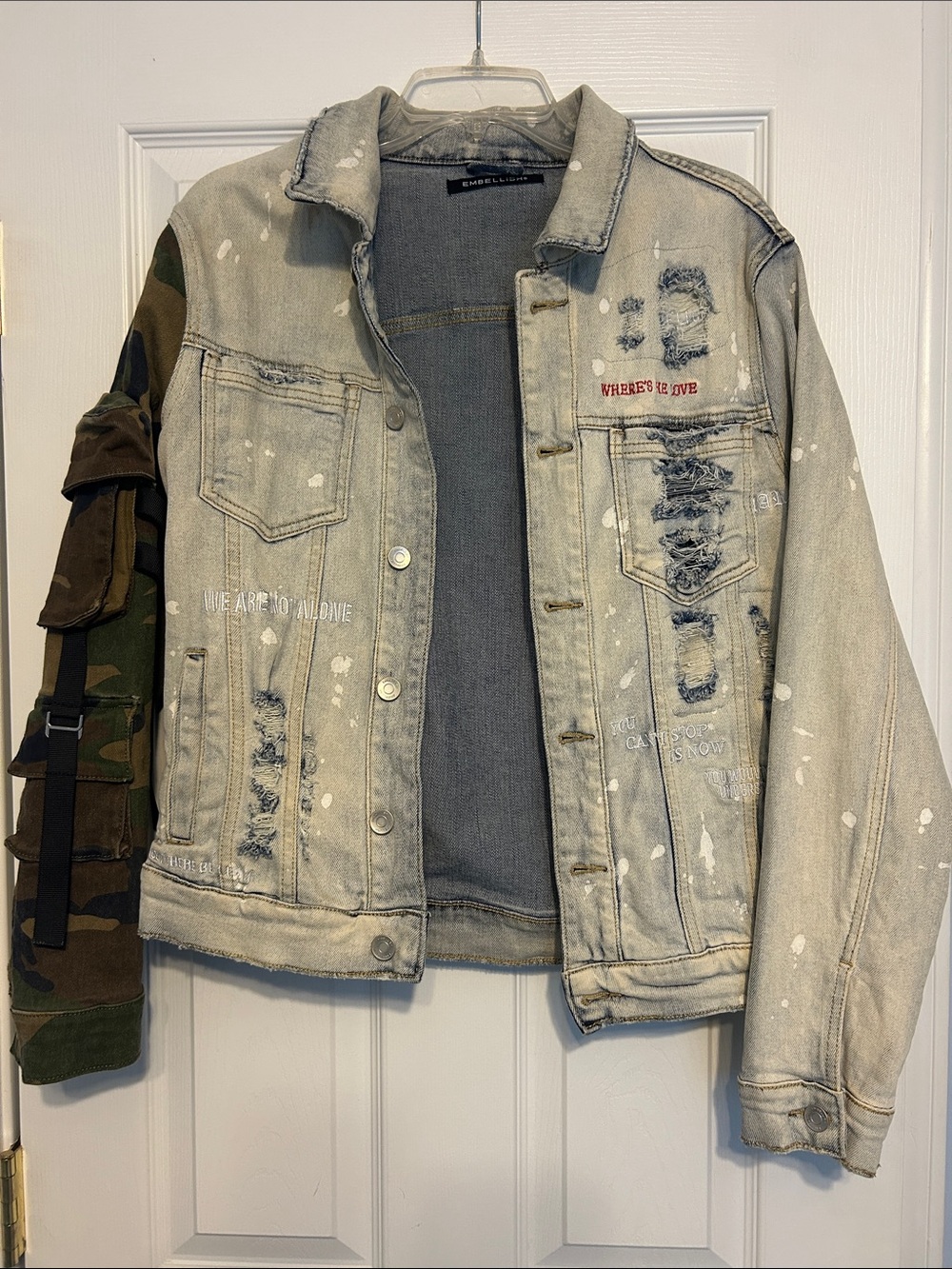 Light Gray Two-Tone Distressed Denim Bomber Jacket
